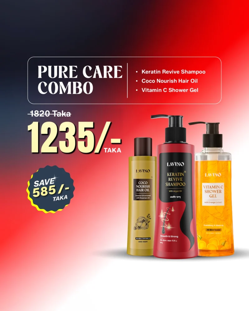 Pure Care Combo - Lavino Keratin Revive Shampoo + Lavino Coco Nourish Hair Oil + Lavino Vitamin C Shower Gel